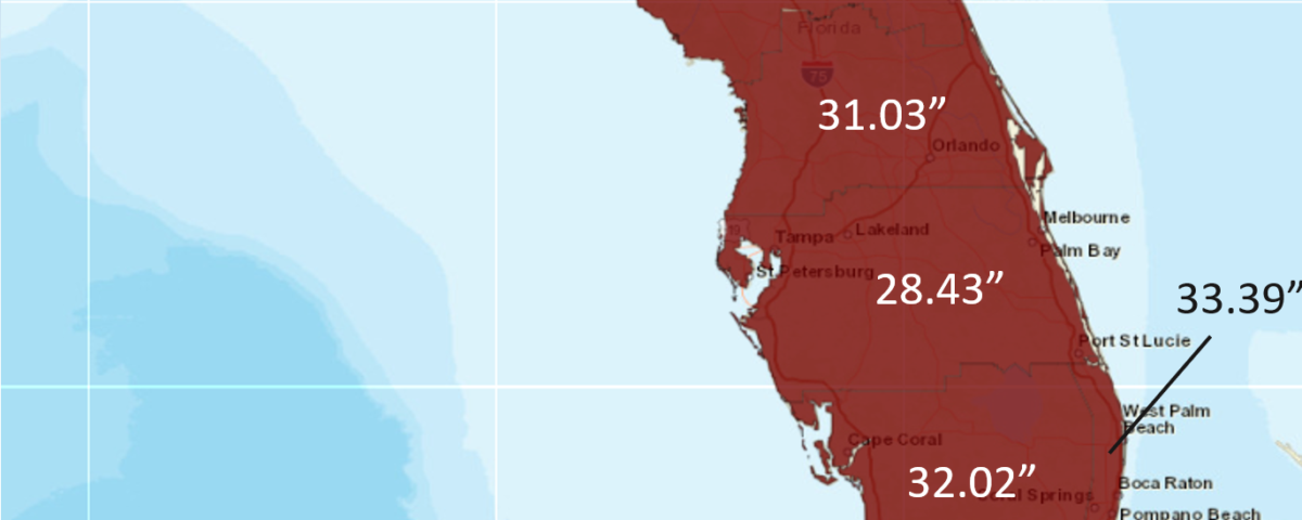 Map of Florida showing climatological rainfall totals on August 3, 2026, with most of the state receiving about 28 to 33 inches, indicating continued drought recovery.