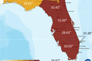 Map of Florida showing climatological rainfall totals on August 3, 2026, with most of the state receiving about 28 to 33 inches, indicating continued drought recovery.