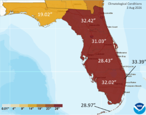 Map of Florida showing climatological rainfall totals on August 3, 2026, with most of the state receiving about 28 to 33 inches, indicating continued drought recovery.