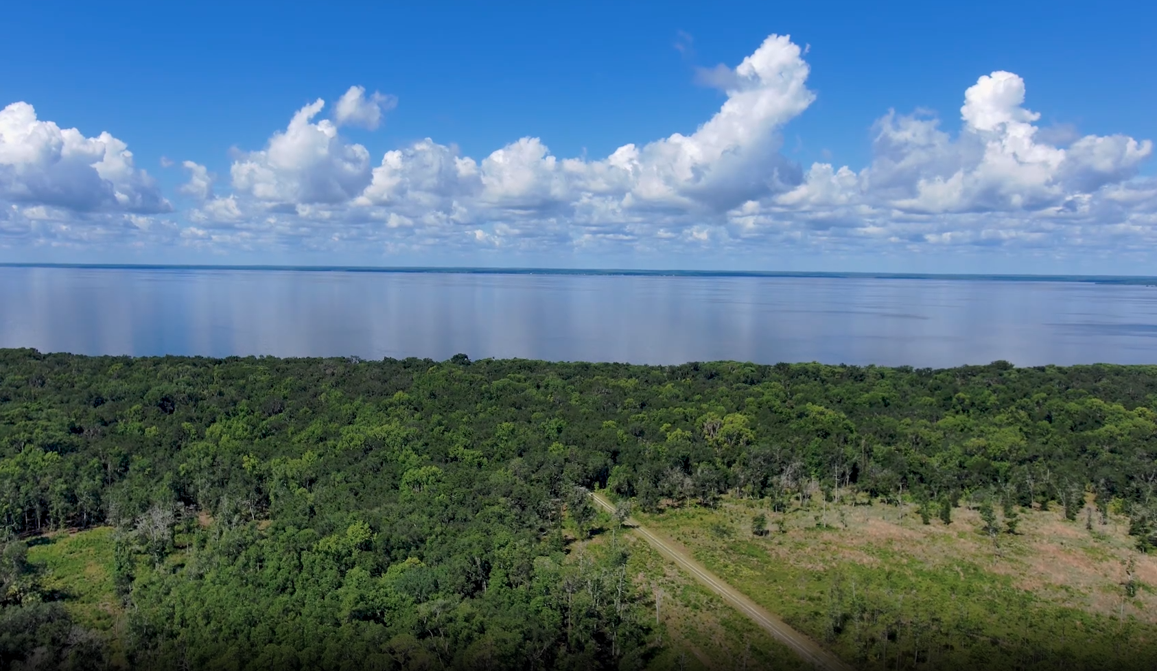 Aerial view of Lake George bordered by forest, with a scenic drive through the shoreline landscape beneath a blue, cloud-filled sky.