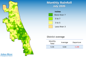 A map illustrates rainfall conditions in July across the St. Johns River Water Management District.