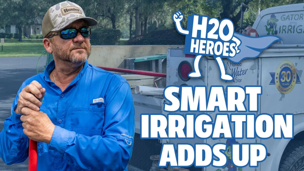 Promotional graphic for H2O Heroes: Smart Irrigation Adds Up, showing a person in a blue work shirt holding a red-handled tool beside an irrigation service truck, with the H2O Heroes logo and campaign title.