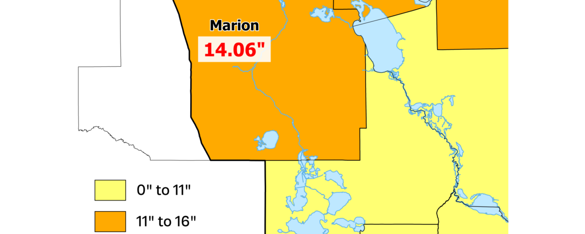 Rainfall deficit map for north-central Florida counties. Marion County shows a deficit of 14.06 inches and Alachua County shows 13.00 inches, both in the 11- to 16-inch category. Lake County shows a deficit of 8.57 inches in the 0- to 11-inch category.