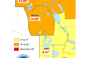 Rainfall deficit - OCK 2026-09-16 Rainfall deficit map for north-central Florida counties. Marion County shows a deficit of 14.06 inches and Alachua County shows 13.00 inches, both in the 11- to 16-inch category. Lake County shows a deficit of 8.57 inches in the 0- to 11-inch category.