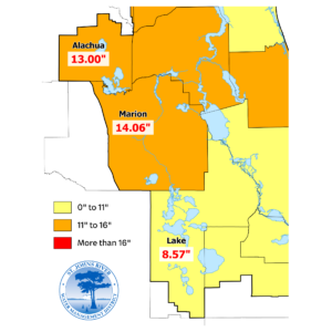 Rainfall deficit map for north-central Florida counties. Marion County shows a deficit of 14.06 inches and Alachua County shows 13.00 inches, both in the 11- to 16-inch category. Lake County shows a deficit of 8.57 inches in the 0- to 11-inch category.