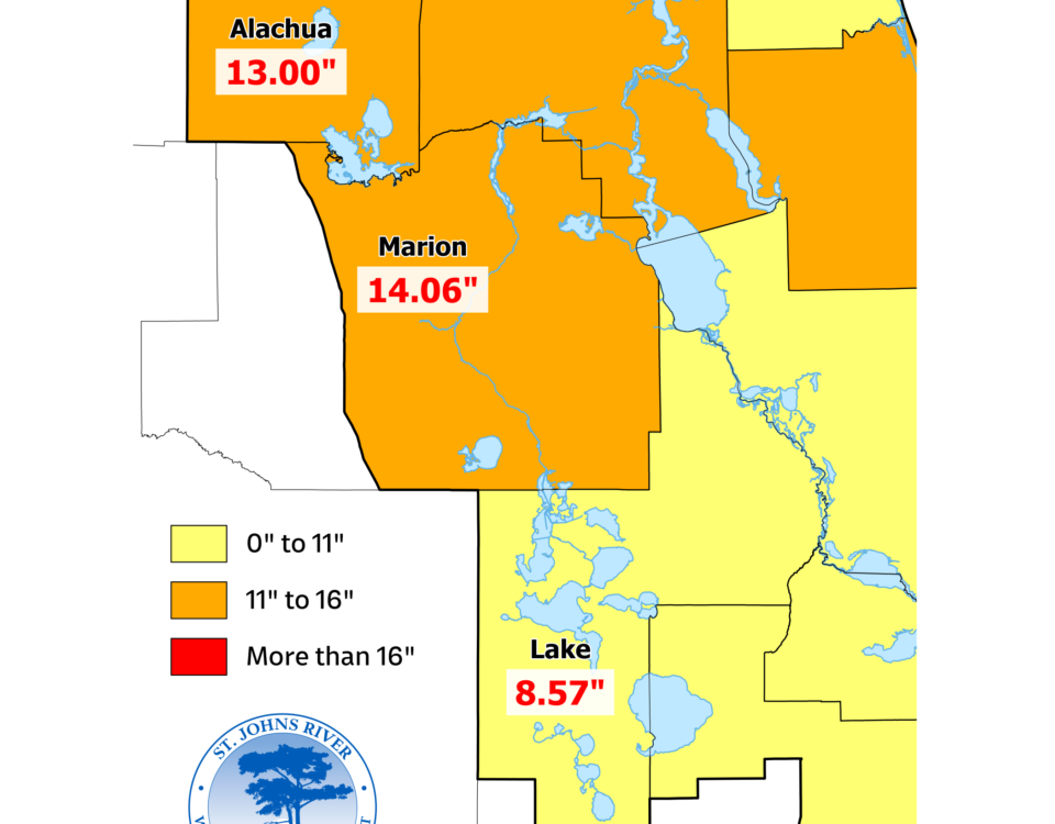 Rainfall deficit map for north-central Florida counties. Marion County shows a deficit of 14.06 inches and Alachua County shows 13.00 inches, both in the 11- to 16-inch category. Lake County shows a deficit of 8.57 inches in the 0- to 11-inch category.