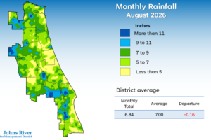 A map illustrates rainfall conditions in August across the St. Johns River Water Management District.