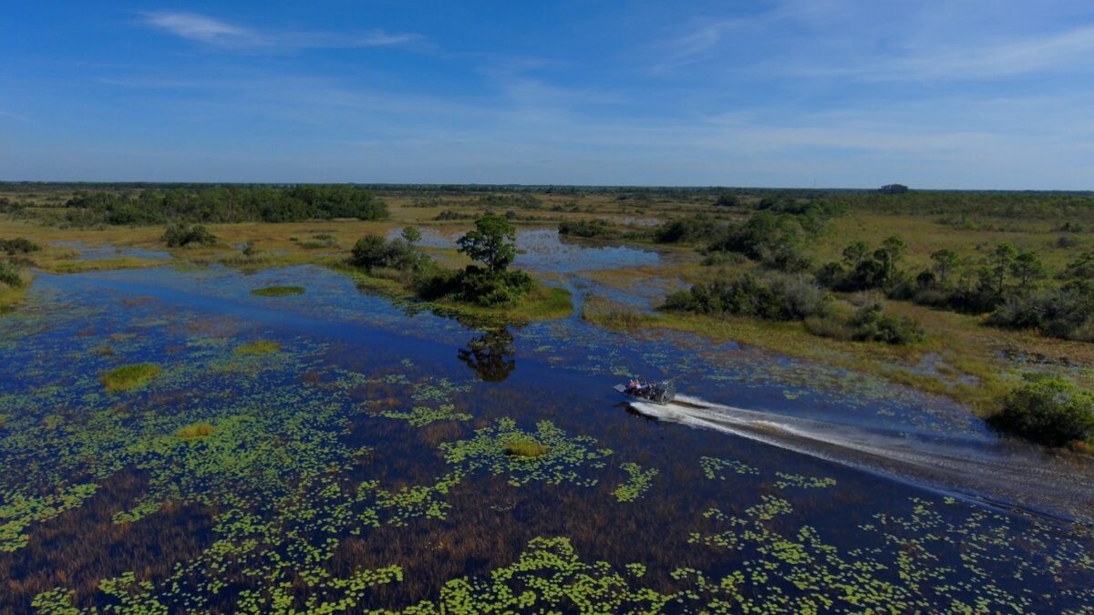 An airboat travels through the expansive wetlands of the Upper St. Johns River Basin, where marshes and waterways provide important habitat for wildlife and help support the region’s natural water resources.