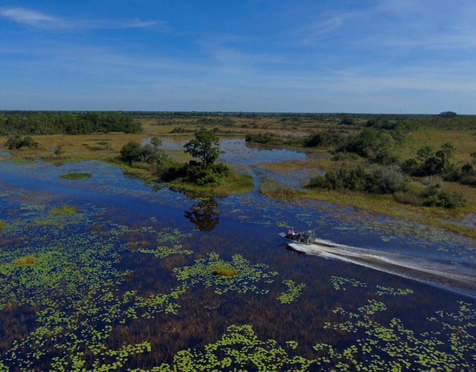 An airboat travels through the expansive wetlands of the Upper St. Johns River Basin, where marshes and waterways provide important habitat for wildlife and help support the region’s natural water resources.