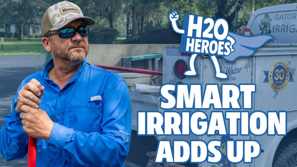 Promotional graphic for H2O Heroes: Smart Irrigation Adds Up, showing a person in a blue work shirt holding a red-handled tool beside an irrigation service truck, with the H2O Heroes logo and campaign title.
