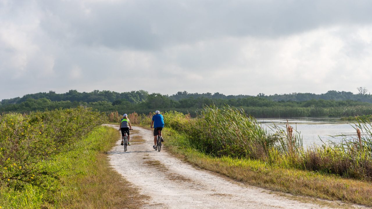 Two cyclists riding on a sandy trail along a Florida wetland with marsh grasses and water on one side and tree line in the distance under cloudy skies