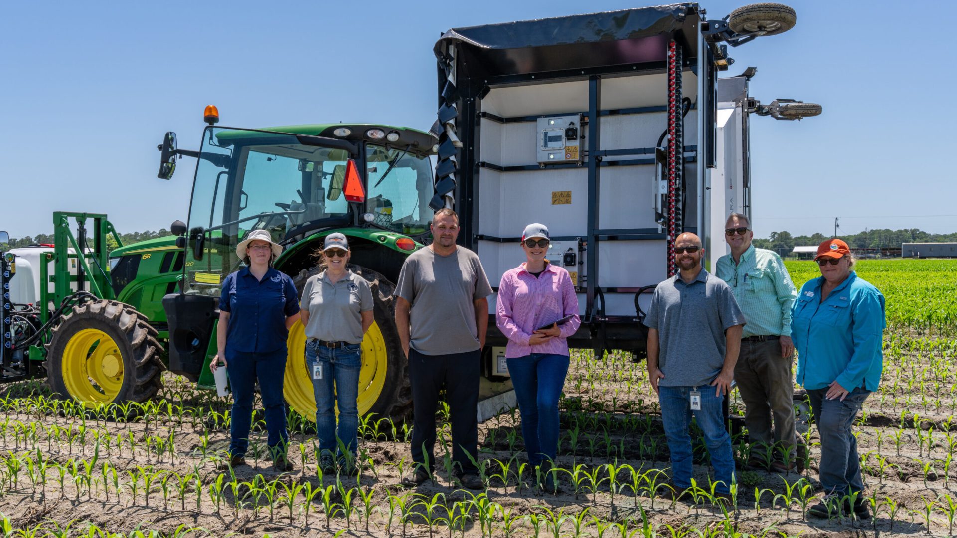 Members of the Districts Agricultural Assistance Team attending a demonstration of high precision crop spraying equipment (Ecorobotix) at Sykes Family Farms in Elkton, FL - In attendance: Suzanne Archer, Wayne Boykin, Corinne Hermle (Strategic Planning Basin Coordinator)