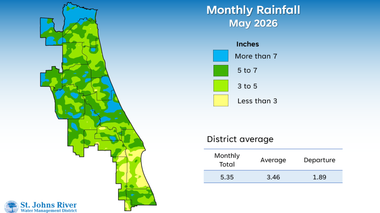 A map illustrates rainfall conditions in May across the St. Johns River Water Management District.