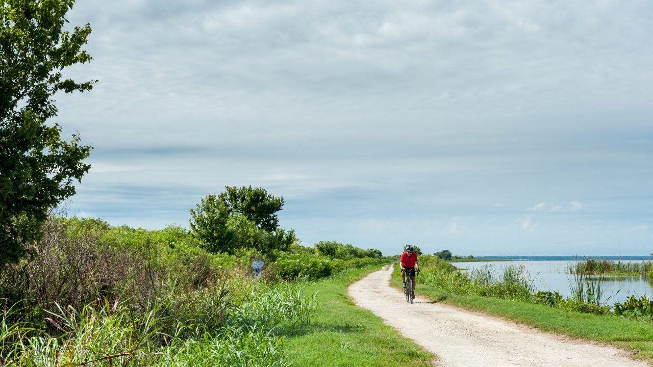 A bicyclist enjoys a ride along a path