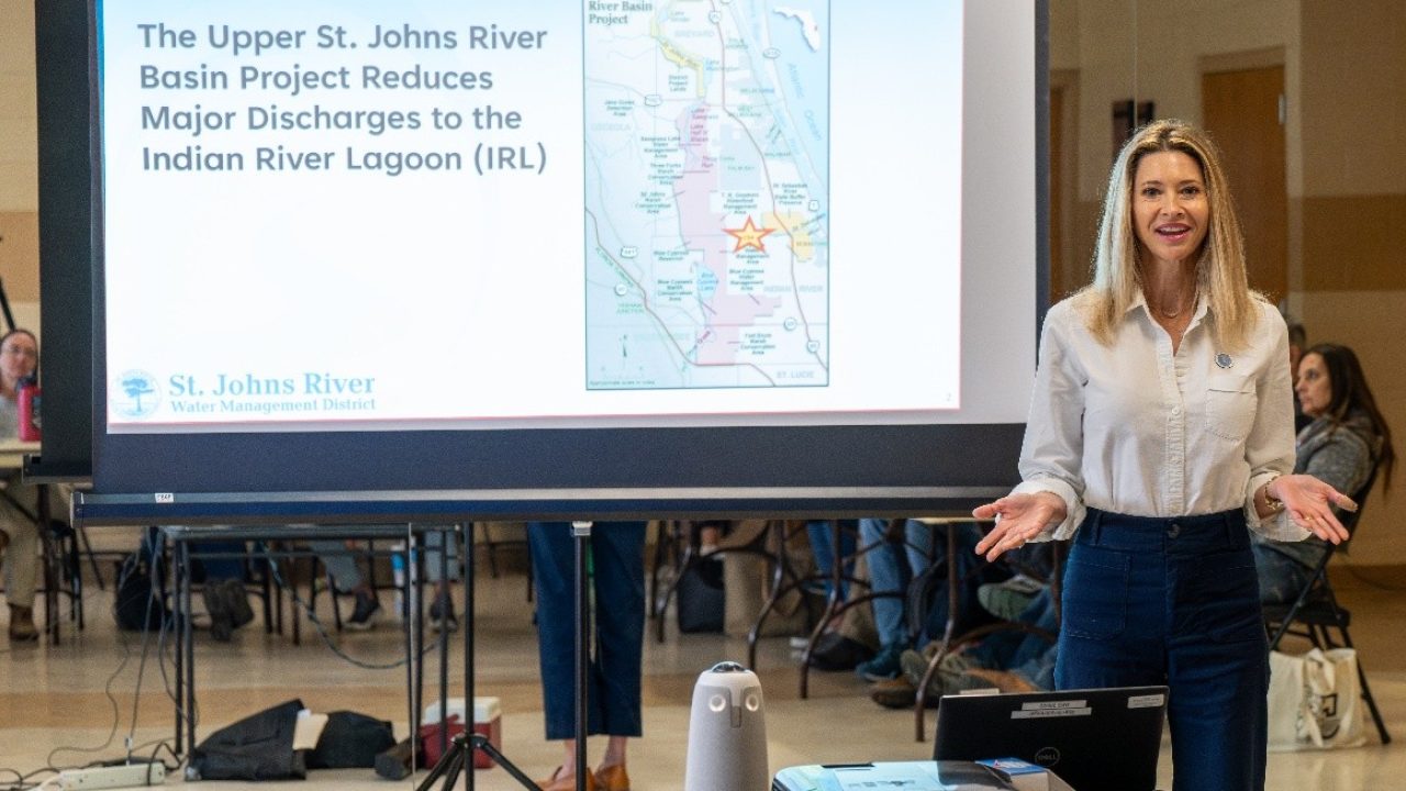 District staff presenting in front of a projector screen