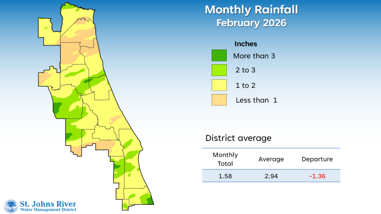 A map illustrates rainfall conditions in February across the St. Johns River Water Management District.