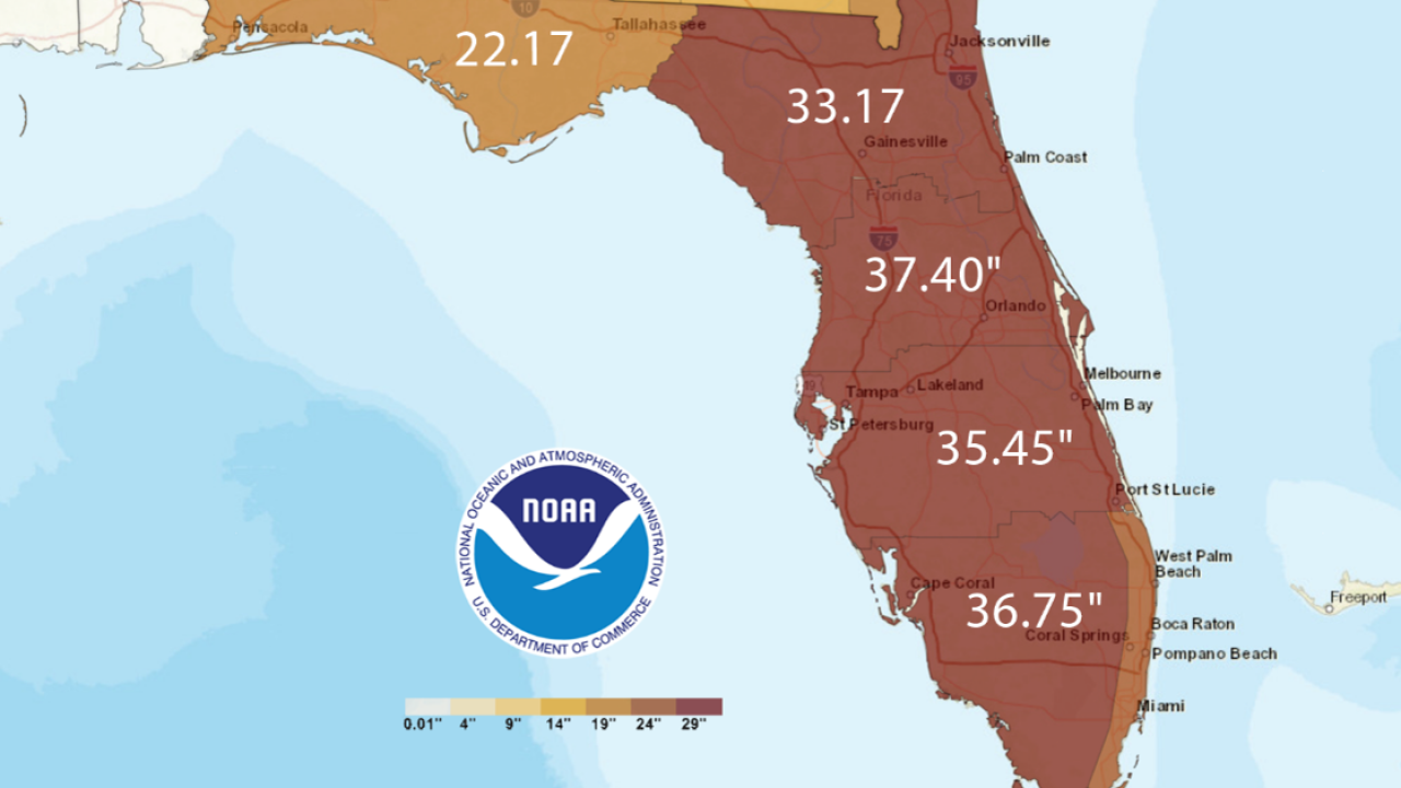 map of florida from NOAA showing rainfall levels needed