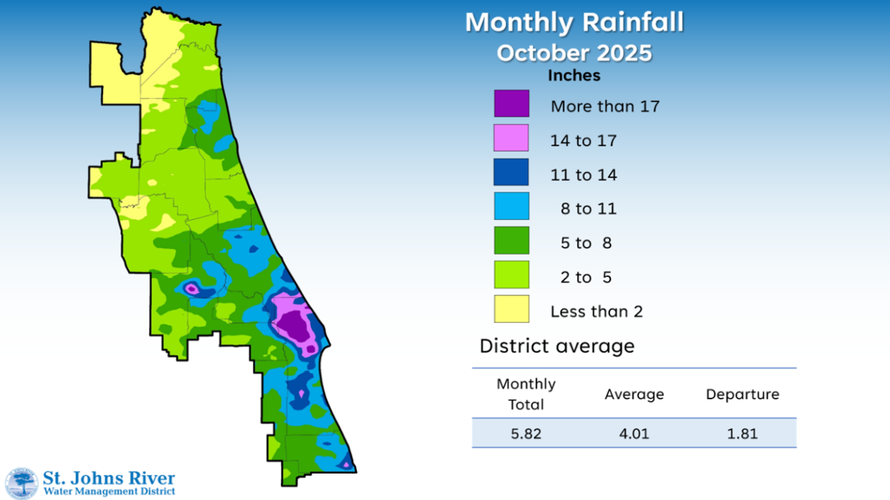 A map illustrates rainfall conditions in October across the St. Johns River Water Management District.