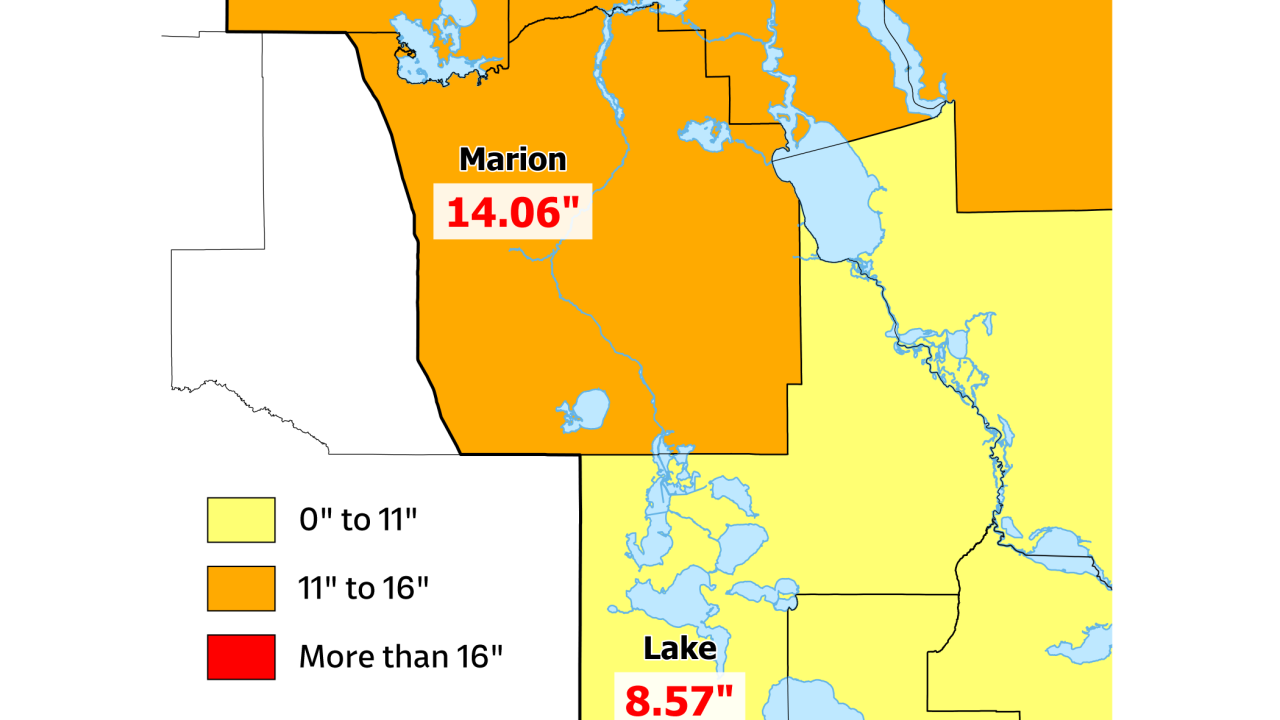 Rainfall deficit map for north-central Florida counties. Marion County shows a deficit of 14.06 inches and Alachua County shows 13.00 inches, both in the 11- to 16-inch category. Lake County shows a deficit of 8.57 inches in the 0- to 11-inch category.