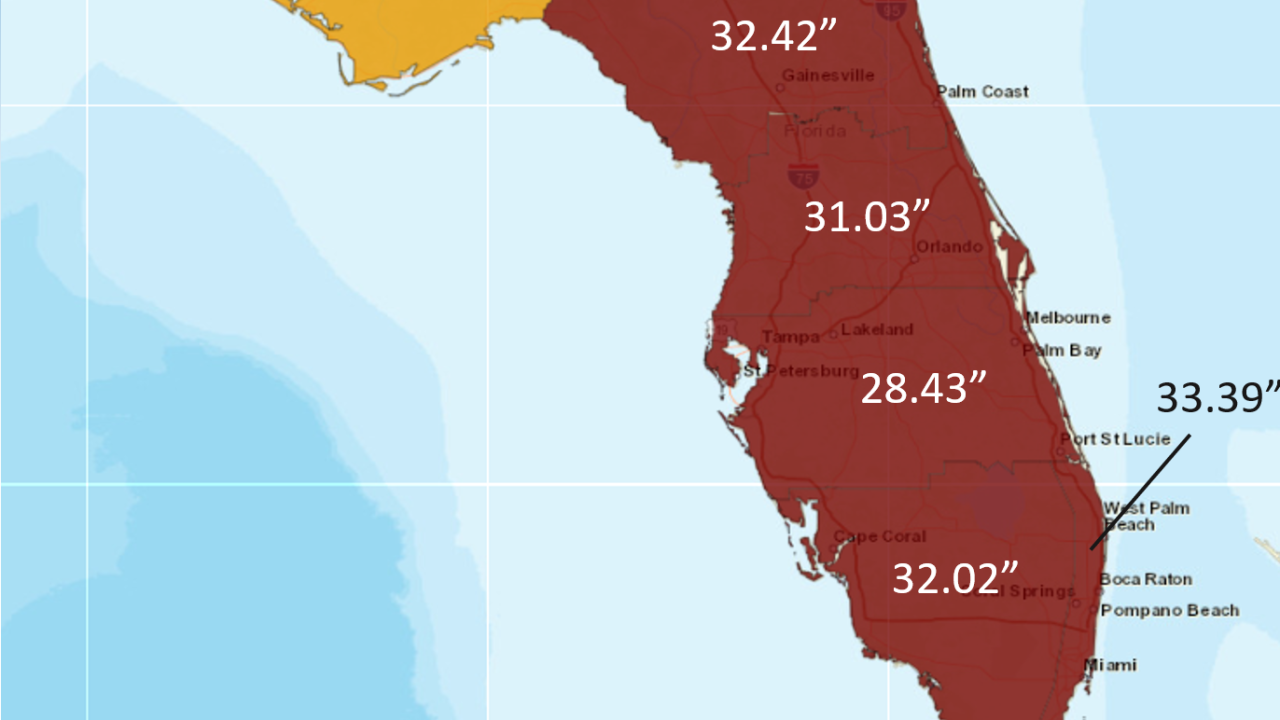 Map of Florida showing climatological rainfall totals on August 3, 2026, with most of the state receiving about 28 to 33 inches, indicating continued drought recovery.