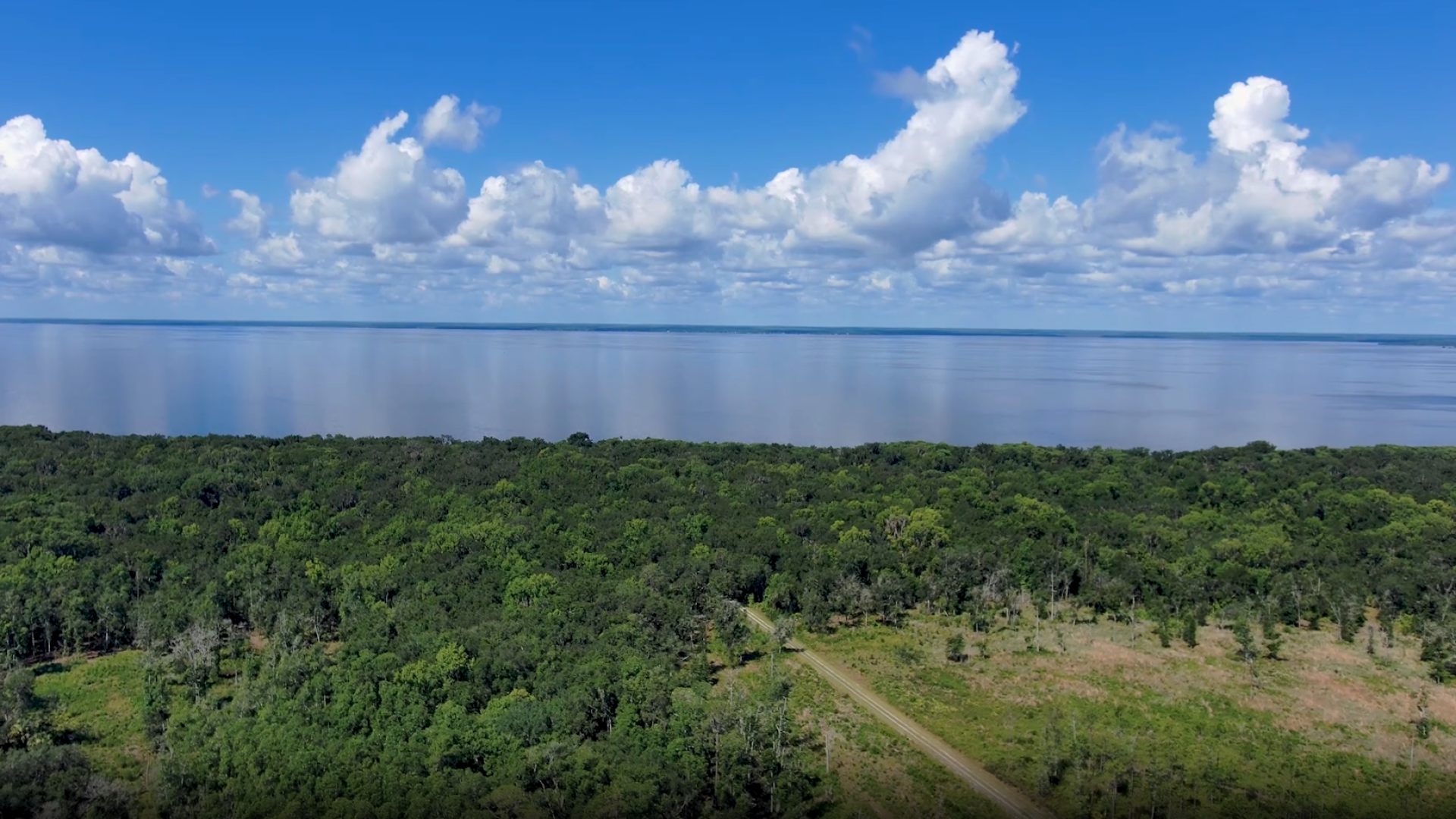 Aerial view of Lake George bordered by forest, with a scenic drive through the shoreline landscape beneath a blue, cloud-filled sky.