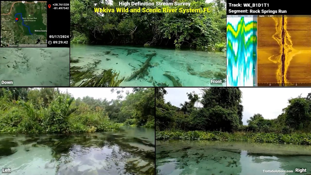 Clear spring water at Rock Springs Run surrounded by dense vegetation, shown with map, underwater, and stream-survey monitoring views.